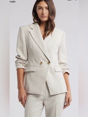 Open Edit Tailored Double-Breasted Cream Blazer